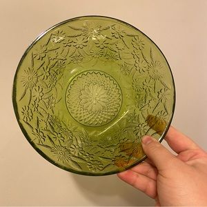 Vintage Indiana Glass Green Floral Glass Bowl